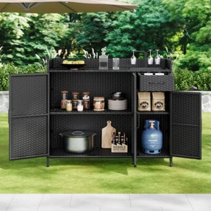 Outdoor Storage Cabinet – Weatherproof Rattan Bar Table w/Glass Top & Shelf - Picture 1 of 24