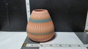 Decorative Navajo Clay Pot ; Terracotta Vase w/Turquoise Accents Signed Johnson - Picture 1 of 7