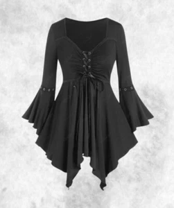 Nuevo Top Blusa Corsé Gótico Medieval Negro Manga Acampanada Talla 2XL 20 22 24 - Imagen 1 de 4
