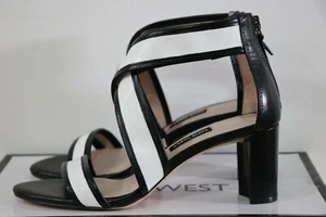 NEVER WORN Nine West Black White Block Heel Strappy Zip Sandals Size 7 WITH BOX - Picture 1 of 9
