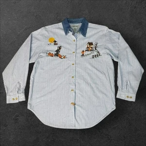 Cabin Creek Women Sz M Halloween Witch Scarecrow Embroidered Chambray Shirt - Picture 1 of 10