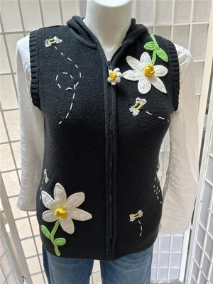 Women's Small The Quacker Factory Black Cotton Blend Floral Appliqué Zip Up Vest - Image 1 of 4