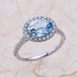 3.50Ct Oval Cut Natural Aquamarine Diamond Real 18K White Gold Beautiful Ring - Picture 1 of 9