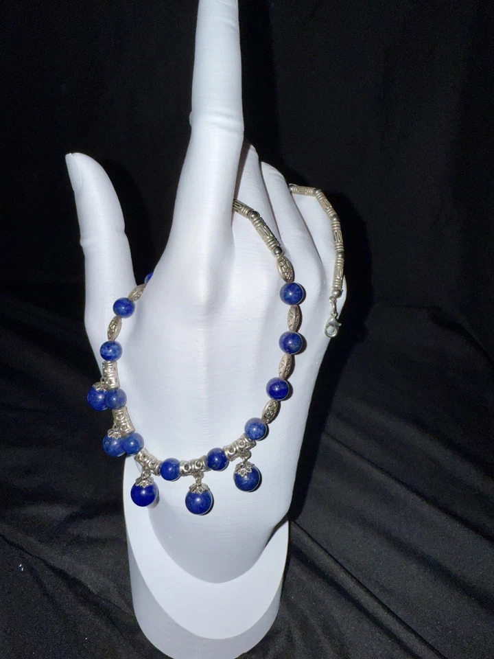 Natural Blue Lapis Lazuli 6-10mm Round Beads Pendant TIbet Silver Necklace 18'' - Image 1 of 1