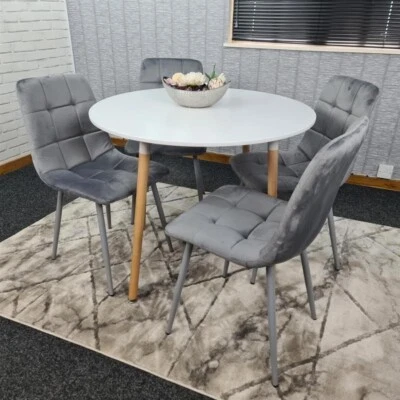Round White Dining Table Set with 4 Grey Velvet Chairs – 4 Seater Kitchen - Image 1 of 4