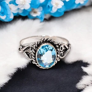 Natural  Aquamarine Gemstone Ring 925 Sterling Silver Class Ring Gift For Love - Picture 1 of 6