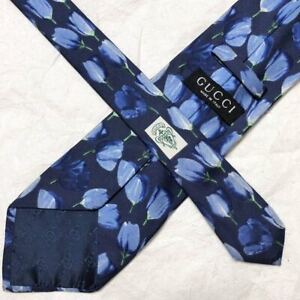 GUCCI tie necktie Tulip floral pattern blue silk W9cm L146cm mens business Italy