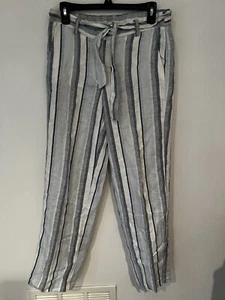 Talbots Womens Sz 4 Blue Stripe 100% Linen Pants With Belt Wide Leg - Picture 1 of 7