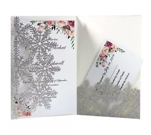 50pcs Glitter Christmas Snowflake Wedding 3 Fold Pocket Party Invitations Cards - Picture 1 of 17