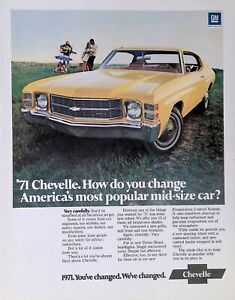 Publicité imprimée vintage 1971 jaune Chevrolet 2 portes chevelle GM guitare familiale enfants