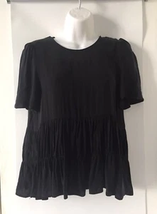 NWT ZARA Black FLOWING GATHERED SHIRT Pleated Tie Short Sleeve Size XS #O3667 - Picture 1 of 7