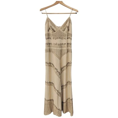 Nicole Miller Collection Silk Tan Beaded Maxi Dress Babydoll Size 6 READ Project - Image 1 of 4
