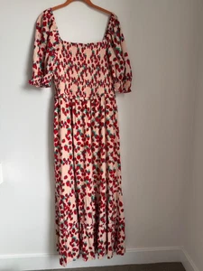 Betsey Johnson Dress Womens XL Strawberry Fields Tiered Summer Maxi Puff Sleeve - Picture 1 of 10