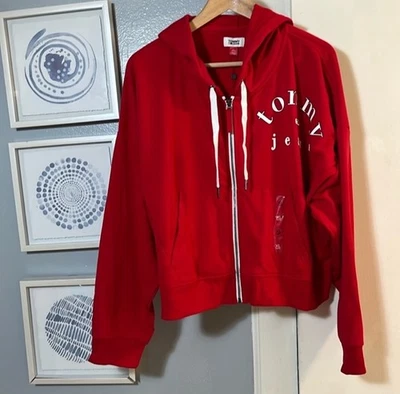 Moletom com capuz feminino Tommy Hilfiger clássico com zíper tamanho XL escarlate ardente novo com etiquetas - Imagem 1 de 4