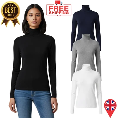 Ladies Long Sleeve High Neck Polo Turtle Roll Jumper Top Slim Fit Sizes 4-22 - Image 1 of 3