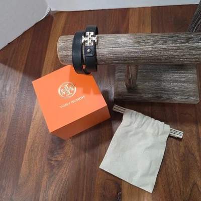Tory Burch Eleanor Wrap Bracelet Black Leather with Gold Logo. Adjustable - Image 1 of 4