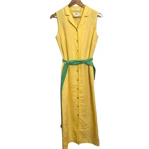 Maxi Vestido Camisa Largo Vintage Talbots Talla 8 Amarillo Lino Irlandés Cinturón Verde - Imagen 1 de 8