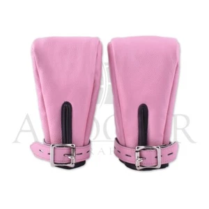 Juego de 2 guantes acolchados puños de cuero de vaca real BDSM rosa con cerradura puño acolchado - Imagen 1 de 8