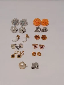 Vintage Clip On Earrings Lot, Floral, Gold / Silver Tones, Dangle, Beaded - Picture 1 of 16