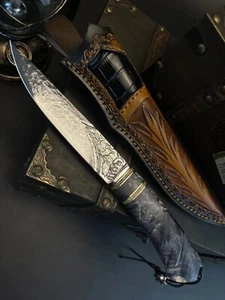 Cuchillo de caza de hoja fija Vg10 acero Damasco patrón de acero grabado a mano - Imagen 1 de 18