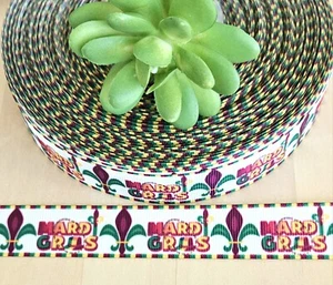 7/8" (1 YD) Mardi Gras Grosgrain Ribbon Fleur De Lis Carnival Ribbon - Picture 1 of 1