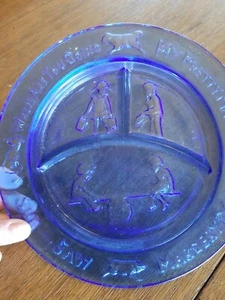 Vintage MARGERY DAW Childs Nursery Rhyme Cobalt Blue Depression Glass Plate - Picture 1 of 6
