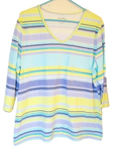 Pullover Coral Bay para mujer manga 3/4 amarillo, a rayas pastel aguamarina cuello en V, talla XL - Imagen 1 de 10