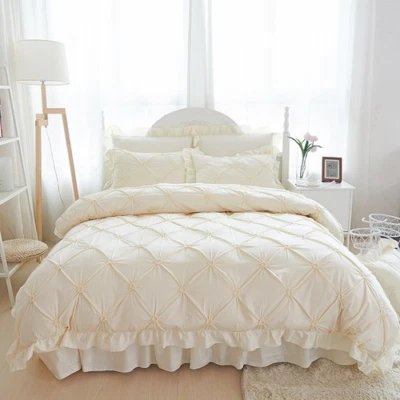 Hand-made Princess Duvet Cover Wedding 100%Cotton Ruffles Bed Skirt Bedding Set - Image 1 of 4
