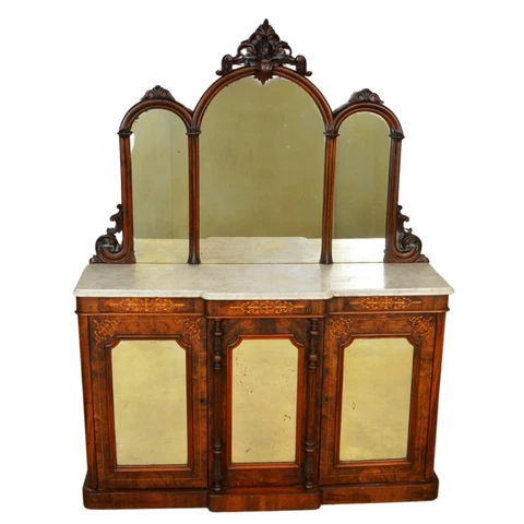 Antique Buffet, Antique Victorian Burl Walnut Inlaid Marble Top Sideboard #18944 Cover