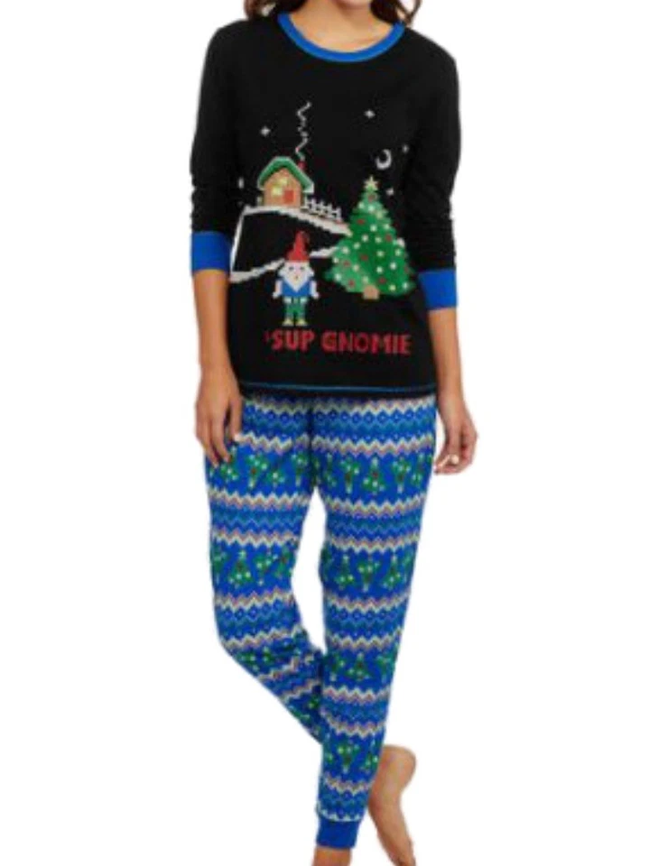 Mujer Negro y Azul Sup Gnomie Vacaciones Pijama Navidad Gnomo Dormir Set X-Grande Foto 1 de 1