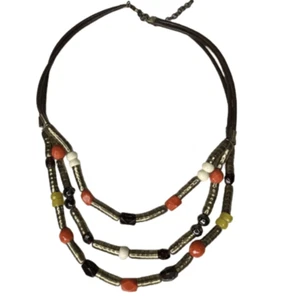 METAL GLASS BEAD 3 STRAND BROWN LEATHER GOLDTONE BRONZE STATEMENT NECKLACE J24 - Picture 1 of 7