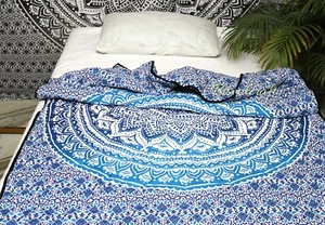 Blue Ombre Mandala Twin Quilt 100% Cotton Filled Single Quil, Reversible Blanket - Picture 1 of 9