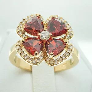 R7170 Anello Donna Gioielli Moda Placcato Oro Granato Cristallo Cocktail Floreale - Foto 1 di 8