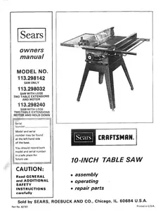 1983 Craftsman 113.298240 10" TABLE SAW WITH LEGS,TWO EXTENTIONS MANUAL - Picture 1 of 1