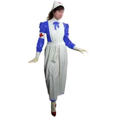 Sissy Long Nurse Dress Outfits Latex Look Nurse Uniforms Puff Long Sleeved - Image 1 of 4
