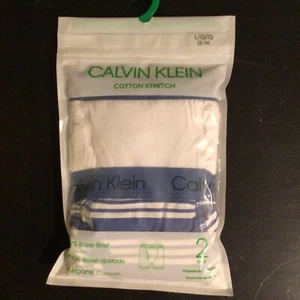 New Boys Calvin Klein Cotton Stretch Boxer Briefs 2 Packs Large 12-14 Blue White - Picture 1 of 3