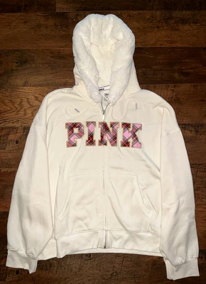 Victoria's Secret Pink Faux Fur Campus FZ Hoodie White Pink Lollipop Plaid XL 💗 - Image 1 of 4