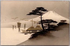 Postal de arte japonés pintada a mano MT. FUJI / Casas y barcos con detalles dorados - Imagen 1 de 2