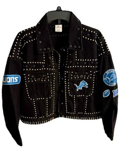 NFL DETROIT LIONS Jacket Women’s SM NFL G-III 4Her Carl Banks Black Denim NWOT - Picture 1 of 12