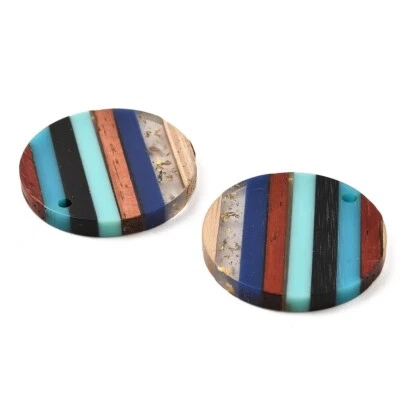 4 pcs. Brown and Blue Resin and Wood Round Flat Pendant - 30mm - (1.2") - Stripe - Image 1 of 2