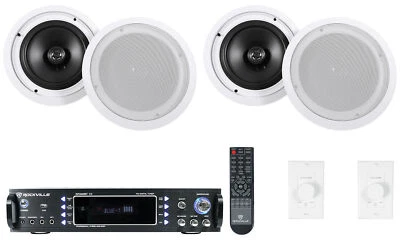 Rockville 2-Room Home Audio Receiver Amp+(4) 8" Ceiling Speakers+Wall Controls - Image 1 of 4
