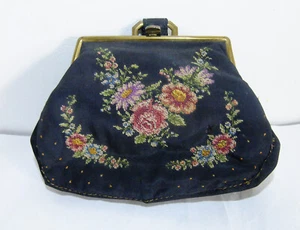 Vintage 40s 50s Evening Bag Purse w Strap Needlepoint Black Tapestry Embroidered - Picture 1 of 8
