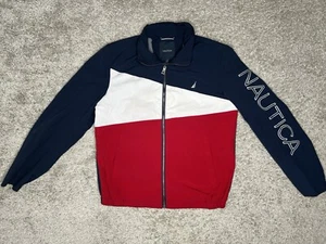 Nautica Classic Jacket Mens Medium Navy Blue Red Spellout Logo Full Zip - Picture 1 of 5