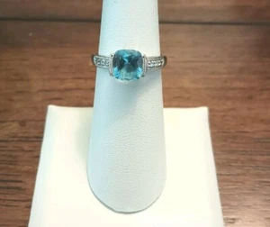 10K White Gold Blue Topaz Cushion Cut Dia Accent Estate Ring W 5 1/2 Read - Picture 1 of 9