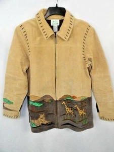 Quacker Factory Suede Leather Wearable Art Jacket w/ Giraffe, Elephant, Tiger M - Picture 1 of 7