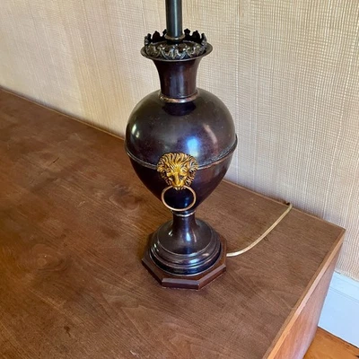 Tall Theodore Alexander Table Lamp with Lion's Head Handles, No Shade, 34" - Image 1 of 4