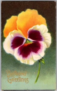 Tarjeta de cumpleaños victoriana arte flor pensamiento antiguo década de 1910 - Imagen 1 de 2