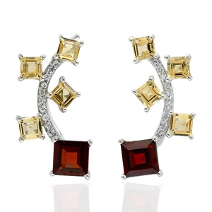 Square Garnet & Citrine Ear Climber Earrings 925 Silver Geometric Sparkle Gift - Picture 1 of 6