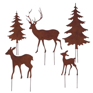 Gartenstecker Deko Rehe und Hirsche mit 2 Tannen in Rostpotik 5er Set - Weihn... - Bild 1 von 6
