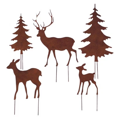Gartenstecker Deko Rehe und Hirsche mit 2 Tannen in Rostpotik 5er Set - Weihn... - Bild 1 von 4